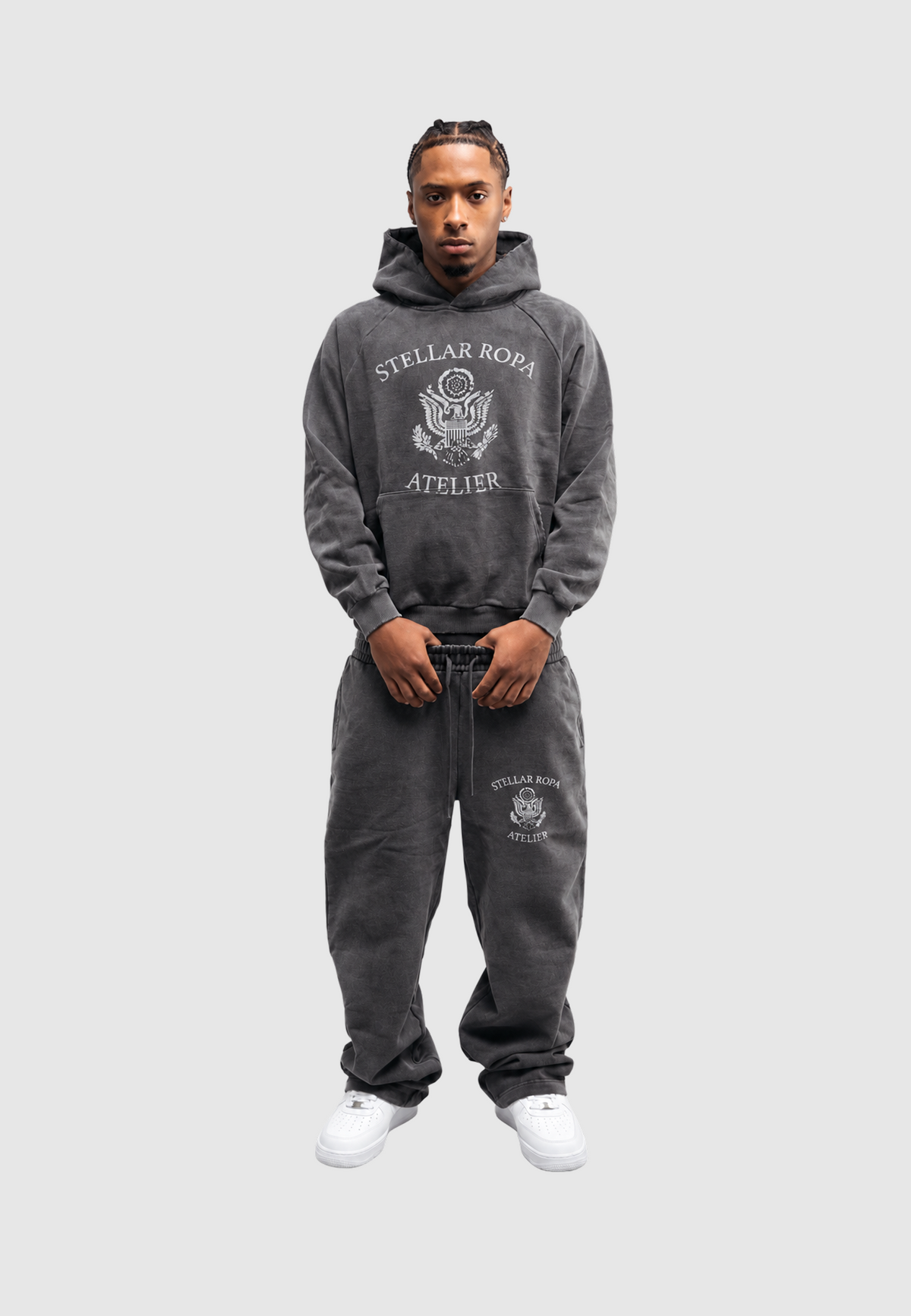 Washed grey tracksuit - model front